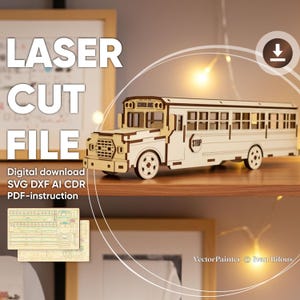 Archivo de autobús escolar cortado con láser, modelo de vehículo SVG para la vuelta al cole (plano digital) imagen 3