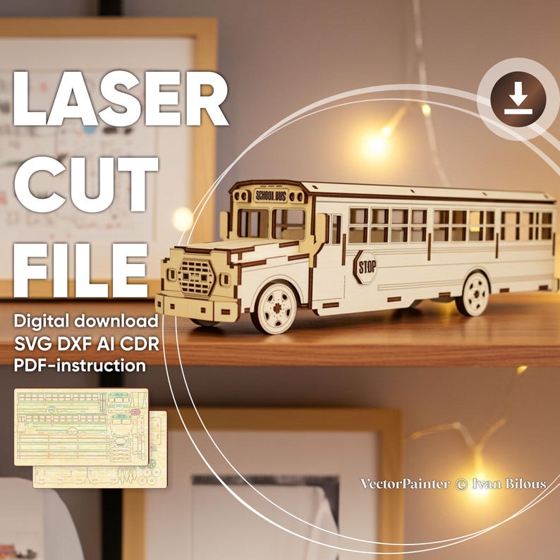 Archivo de autobús escolar cortado con láser, modelo de vehículo SVG para la vuelta al cole (plano digital) imagen 3