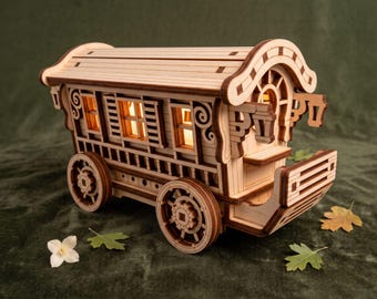 Fairy Nomad Wagon Keepsake Box Laser Cut File, Miniature Caravan Lantern Box SVG