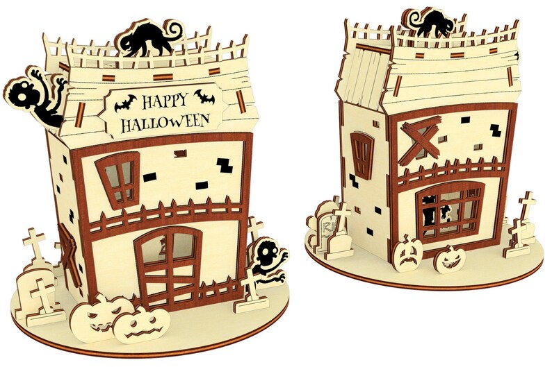 two wooden Halloween-themed houses, each with a spooky design and decorations. The houses are decorated with bats, skulls, and other Halloween-related elements, creating a festive and spooky atmosphere.