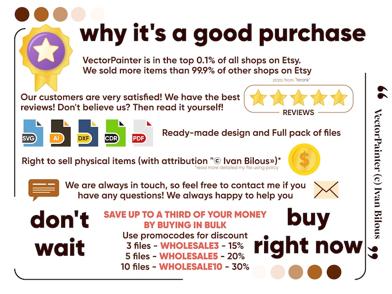 May include: A graphic with a yellow star badge and text that reads "why it's a good purchase". The graphic lists reasons why buying from VectorPainter is a good purchase, including being in the top 0.1% of shops on Etsy, having the best reviews, offering ready-made designs, and providing a full pack of files. The graphic also includes a message about saving up to a third of your money by buying in bulk and using promo codes. The graphic also includes a message to buy right now.