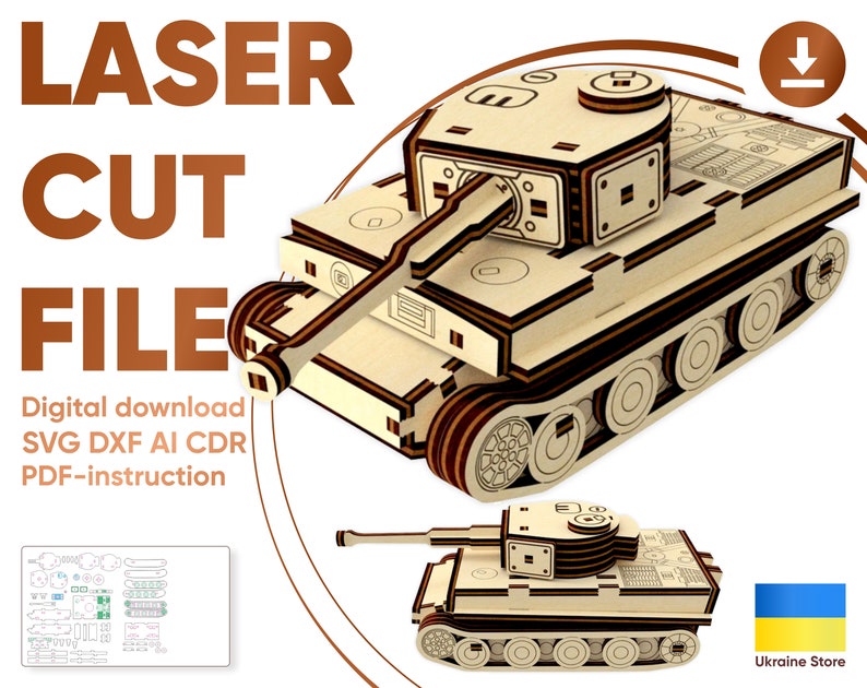May include: Laser cut file for a wooden model of a tank. The file includes SVG, DXF, AI, and CDR formats, as well as PDF instructions. The tank is brown and has a black gun barrel. The image also includes a download icon and a Ukrainian flag.