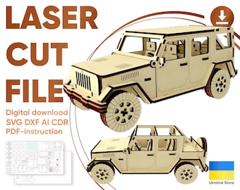 Off-road vehicle - 3d Laser Cut Model, Ready made project of a Car plywood design with spinning wheels