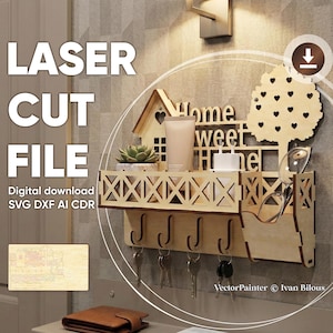 Väggnyckelhylla SVG, laserskuren träarrangör för entré med krokar CNC-mall bild 2
