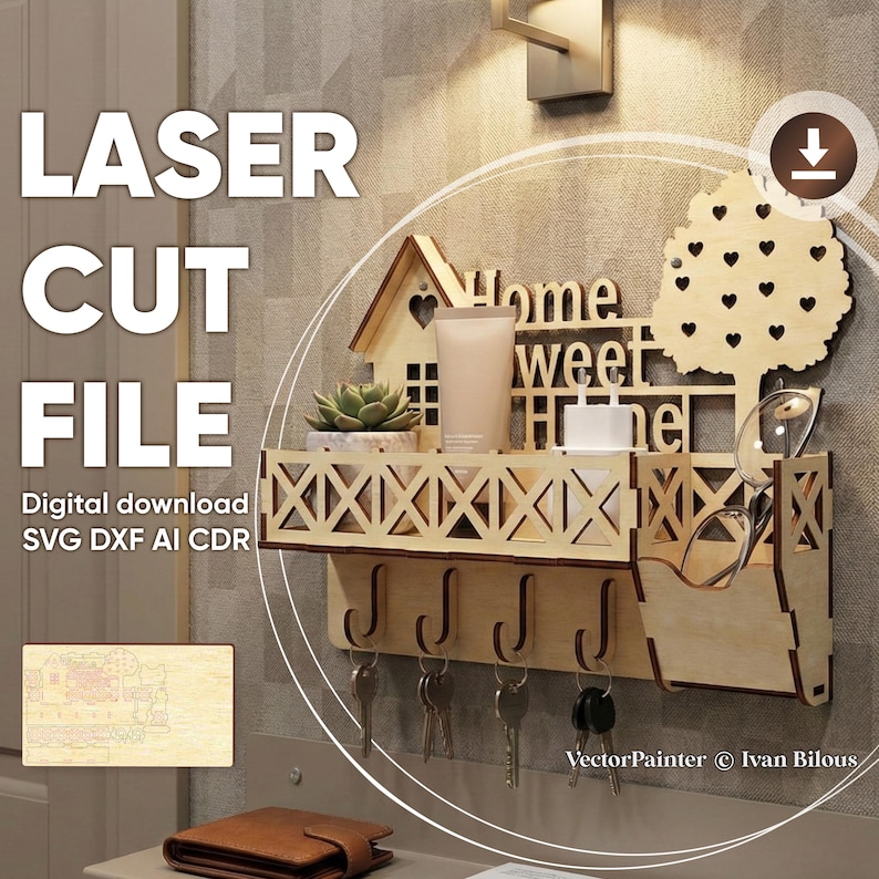 Väggnyckelhylla SVG, laserskuren träarrangör för entré med krokar CNC-mall bild 2