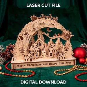 File per taglio laser dell'arco natalizio, scena del villaggio di Schwibbogen in formato SVG