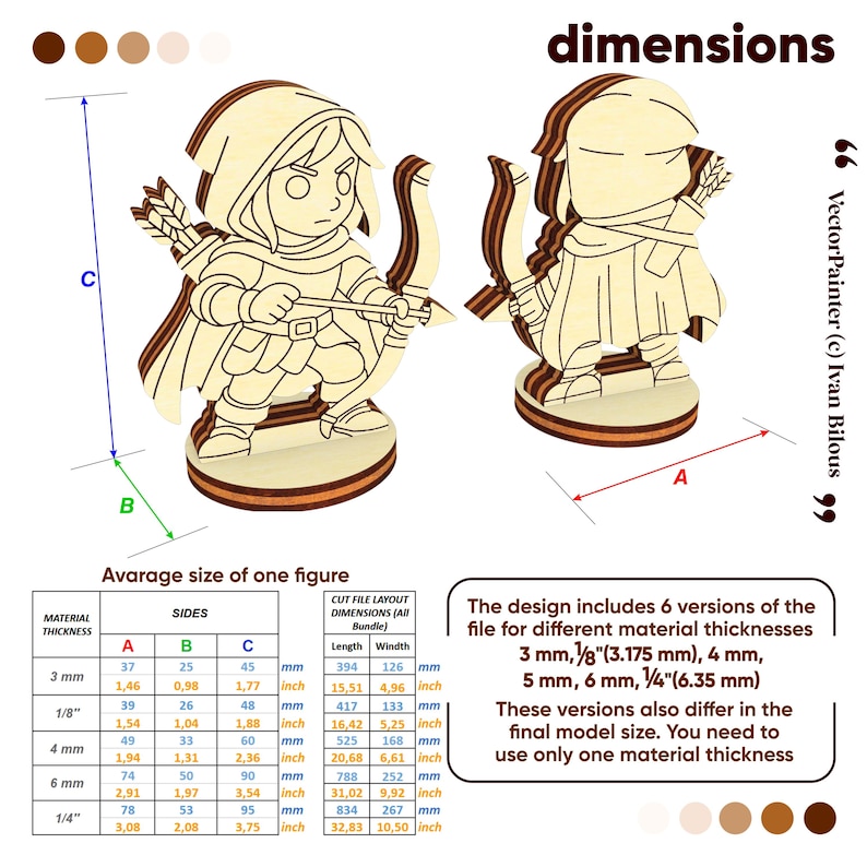 Laser cut board game figure dimensions diagram showing sizes for different material thicknesses