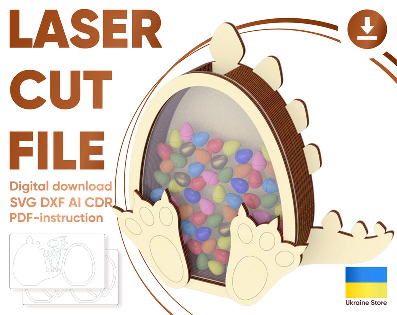 Dinosaurs box with acrylic for chocolate eggs laser cutting file, glowforge pattern image 1