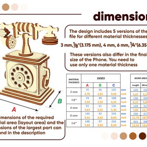 Op de afbeelding: Diagram met de afmetingen van een houten model van een vintage draaitelefoon. Het ontwerp omvat 5 versies voor verschillende materiaaldiktes: 3 mm, 1/8 inch, 4 mm, 6 mm en 1/4 inch. De afmetingen zijn aangegeven in millimeters en inches.