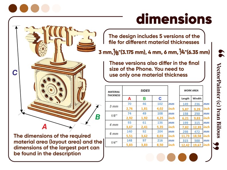 Op de afbeelding: Diagram met de afmetingen van een houten model van een vintage draaitelefoon. Het ontwerp omvat 5 versies voor verschillende materiaaldiktes: 3 mm, 1/8 inch, 4 mm, 6 mm en 1/4 inch. De afmetingen zijn aangegeven in millimeters en inches.