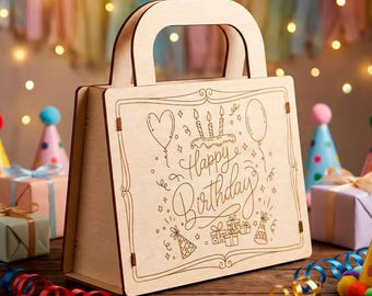 Birthday Gift Box Laser Cut File, Party Favor Bag SVG Digital Vector Plan