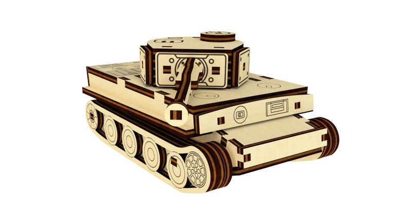 May include: A wooden model of a German Tiger tank. The tank is made of plywood and has a brown and black paint scheme. The tank has a detailed turret and tracks.