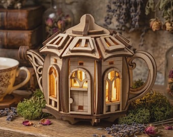 Kettle Fairy House Laser Cut File, Lighted Trinket Box SVG