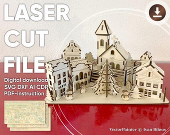 Christmas town - Laser Cut File, SVG City scene with Christmas Tree and 3d Houses