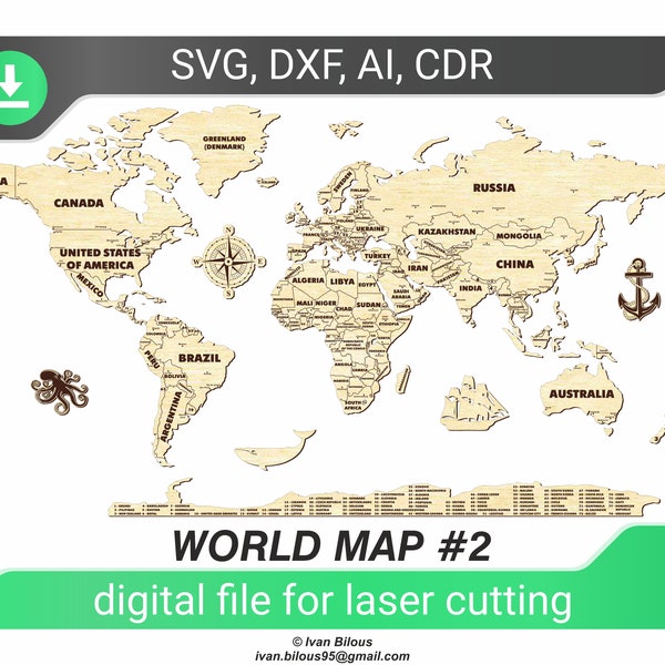 SVG-Weltkarte - Dateivorlage für den Laserschnitt, Glowforge-Muster