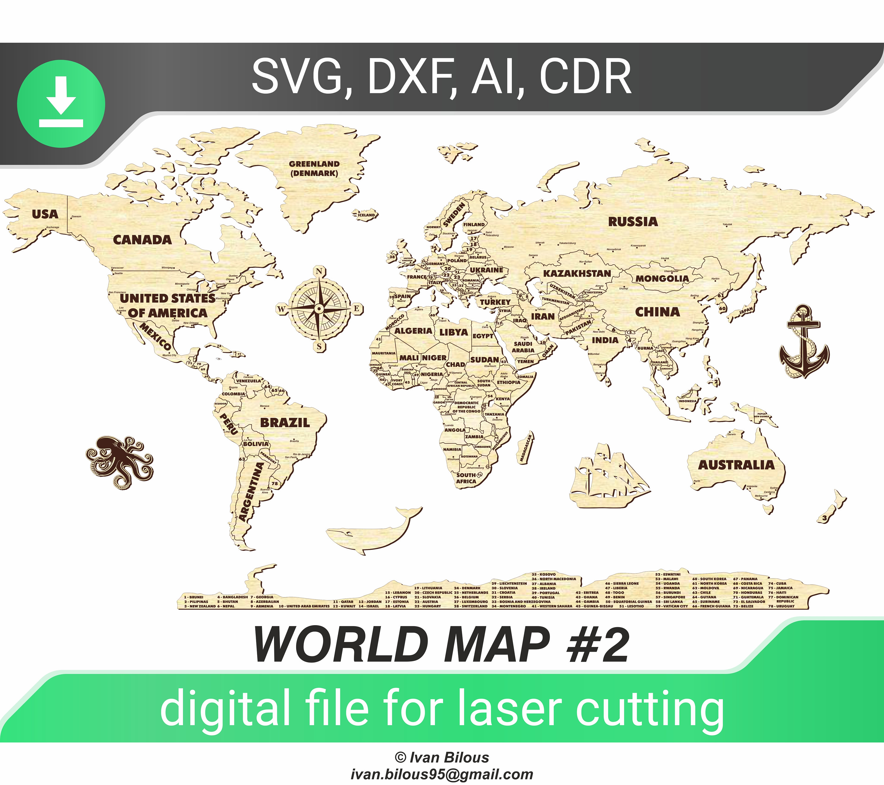 World SVG Map - Laser Cut File Template, Glowforge Pattern
