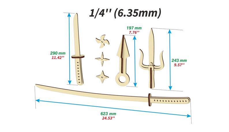 Op de afbeelding: Een set houten wapens, waaronder een katana, een drietand, een dolk en drie werpsterren. De wapens zijn allemaal 1/4 inch dik en worden getoond met hun afmetingen in inches en millimeters.