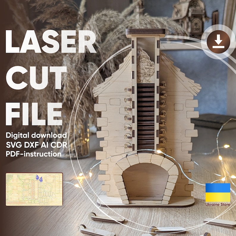 May include: A wooden laser cut model of a house with a chimney and a fireplace. The house is made of multiple pieces that can be assembled. The model is a digital download and includes SVG, DXF, AI, and CDR files. The download also includes a PDF instruction guide.