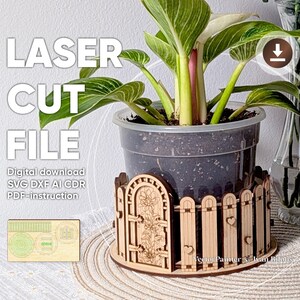 Garden Laser Cut File - Flower Pot Holder and Open Box in the form of a Fence with a Door