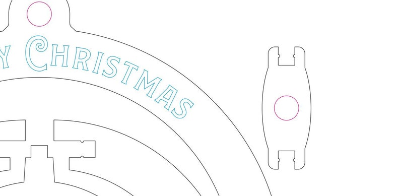 Puede incluir: Un dise&ntilde;o de adorno navide&ntilde;o cortado con l&aacute;ser con las palabras "MERRY CHRISTMAS" en una fuente color teal. El dise&ntilde;o incluye un agujero circular para colgar y una pieza separada m&aacute;s peque&ntilde;a con un agujero similar.