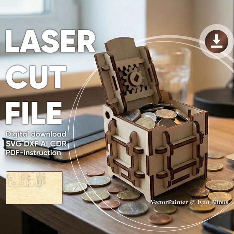 Mechanical Safe Box Laser Cut File, SVG Wooden 3d Puzzle Coin Bank CNC Template image 3