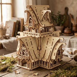 Può includere: Un modello in legno dettagliato di una casa a più piani con intricati disegni ritagliati. Il modello presenta più tetti a capanna, finestre ad arco e finiture decorative. Il colore naturale del legno è visibile.