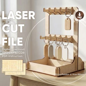 Keychain Display Stand SVG, Laser Cut Wooden Retail Display Rack, CNC Key Holder Template image 2