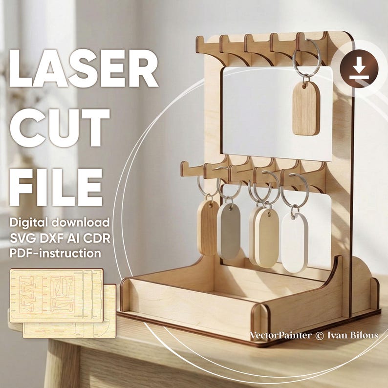 Keychain Display Stand SVG, Laser Cut Wooden Retail Display Rack, CNC Key Holder Template image 2