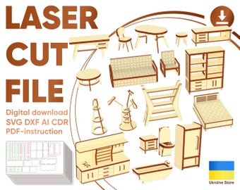 Dollhouse furniture 1:12 - Laser Cut File, Digital plan for Glowforge and Cutting machines