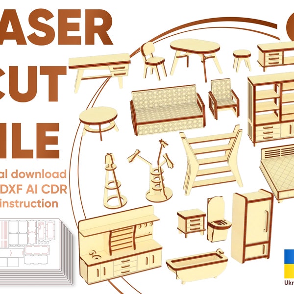 Dollhouse furniture 1:12 - Laser Cut File, Digital plan for Glowforge and Cutting machines