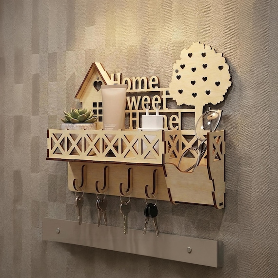 Wall Key Holder Shelf SVG, Laser Cut Wooden Entryway Organizer with Hooks CNC Template