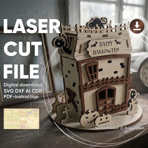 The image is an advertisement for a laser cut file that can be used to create a Halloween-themed house. The house is made of wood and has various Halloween-related decorations, such as bats, pumpkins, and a skeleton. The text on the image provides information about the digital download, the use of the laser cut file, and the availability of a PDF-instruction guide.