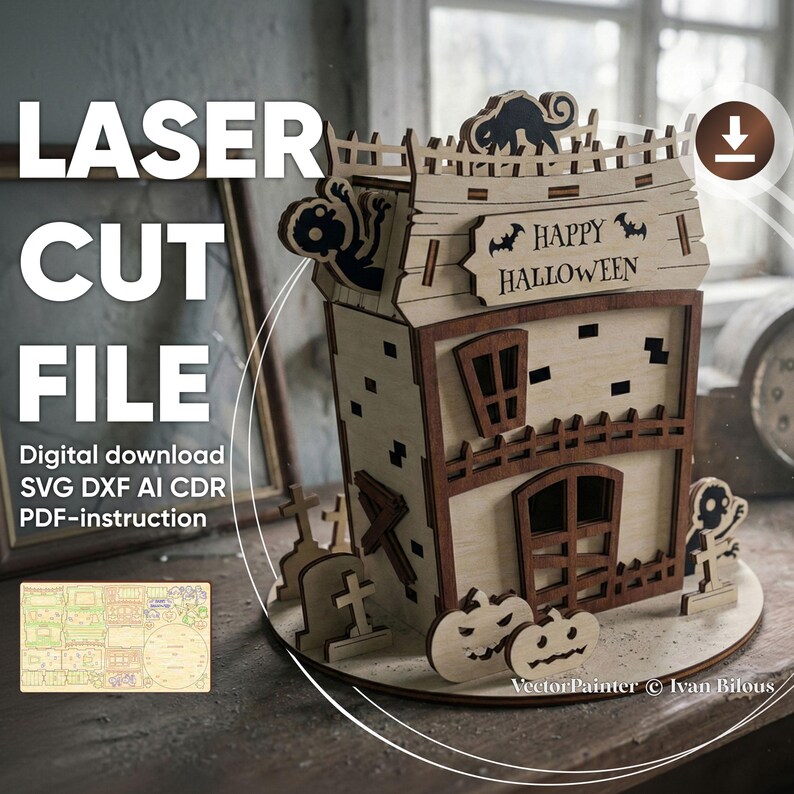 The image is an advertisement for a laser cut file that can be used to create a Halloween-themed house. The house is made of wood and has various Halloween-related decorations, such as bats, pumpkins, and a skeleton. The text on the image provides information about the digital download, the use of the laser cut file, and the availability of a PDF-instruction guide.