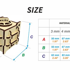 May include: Diagram showing the size of a wooden box with a detailed design. The box is 50 mm x 50 mm x 62 mm, or 1.97" x 1.97" x 2.44". The diagram shows the dimensions labeled A, B, and C. The table shows the size of the box in millimeters and inches for different material thicknesses: 3 mm, 4 mm, 5 mm, and 6 mm.