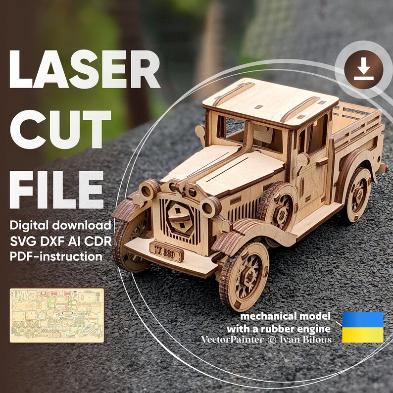 May include: A wooden model of a vintage pickup truck with a rubber band powered engine. The model is laser cut and comes with instructions for assembly. The truck is labeled "T7 880".