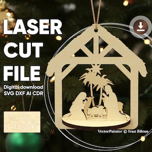 Laser Cut Nativity Scene Ornament - SVG plan for Cutting Machines, Little Jesus in the Barn