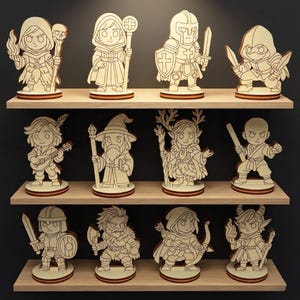 Laser cut fantasy tabletop miniatures collection displayed on shelves, wooden RPG character figures set for board games