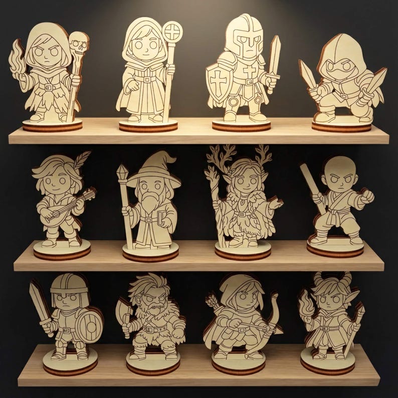 Laser cut fantasy tabletop miniatures collection displayed on shelves, wooden RPG character figures set for board games