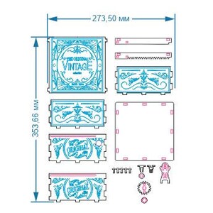 May include: A blueprint for a wooden box with a blue and white design. The box is labelled "The Original Vintage" and measures 273.50 mm by 353.66 mm. The blueprint includes detailed instructions for assembly.