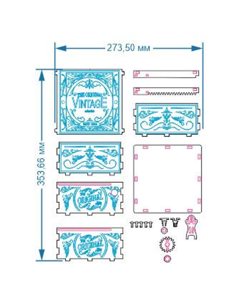 May include: A blueprint for a wooden box with a blue and white design. The box is labelled "The Original Vintage" and measures 273.50 mm by 353.66 mm. The blueprint includes detailed instructions for assembly.