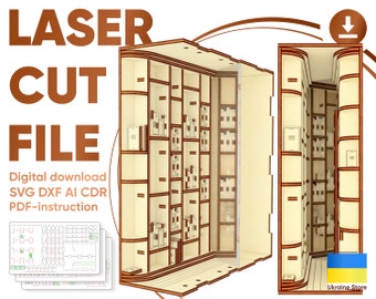 May include: Laser cut file for a bookshelf with a curved design. The file includes SVG, DXF, AI, and CDR formats, as well as PDF instructions. The image shows a 3D rendering of the bookshelf.