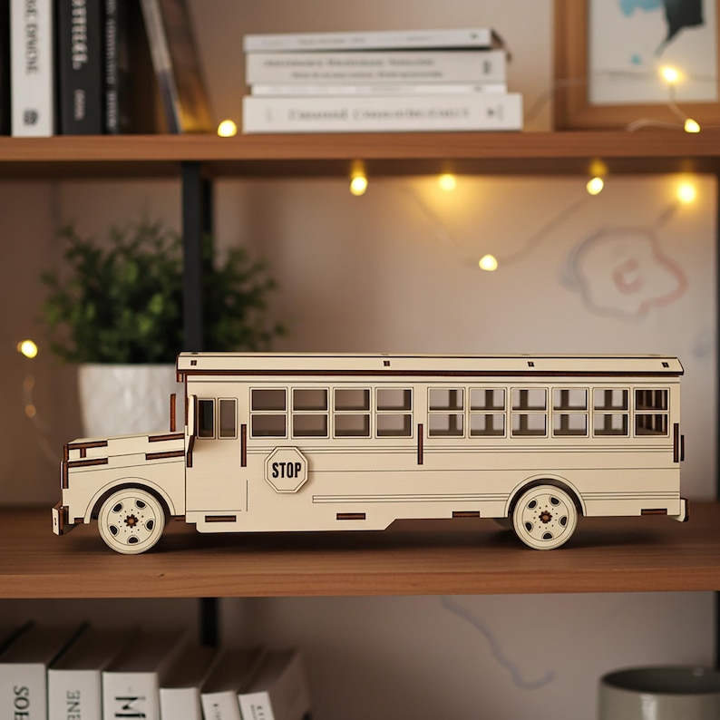 Archivo de autobús escolar cortado con láser, modelo de vehículo SVG para la vuelta al cole (plano digital) imagen 2