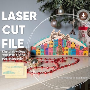 Christmas Schwibbogen Laser Cut File – SVG Festive Arch with Santa Claus and Winter Town – DIY Plywood Decoration