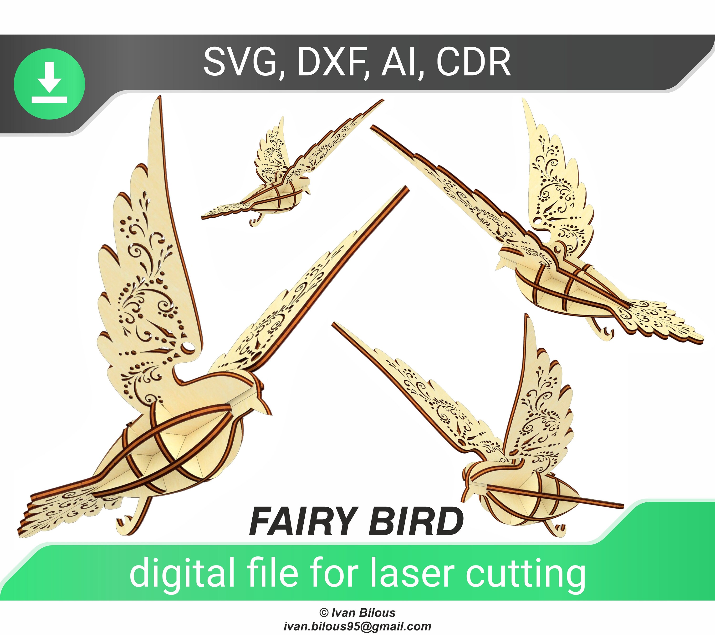 Easter bird ornament - SVG laser cut file, Glowforge pattern, fairy bird laser cut plan, digital file
