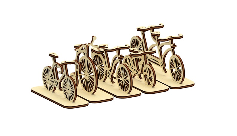 May include: A set of five wooden bicycle figurines, each with a unique design and color. The figurines are arranged in a row, with the largest one on the left and the smallest one on the right. The figurines are made of light wood and have a natural finish.