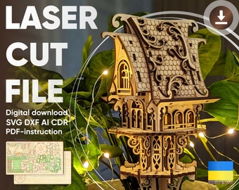 Garden Stake Elf House - Laser Cutting File, SVG vector plan of 3d plywood miniature