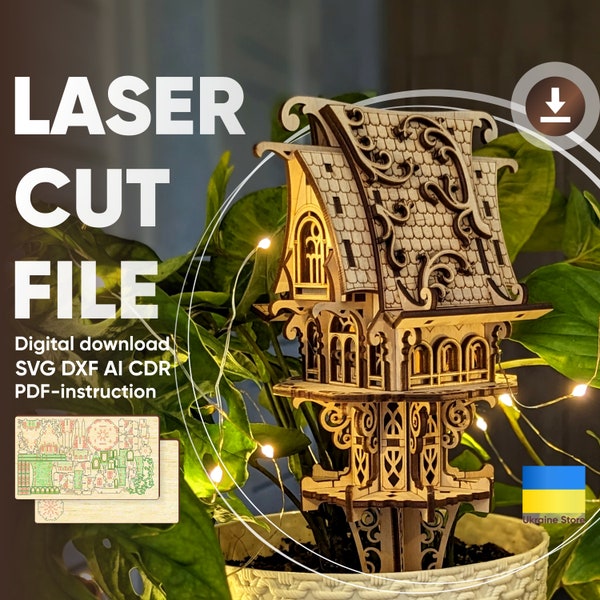 Garden Stake Elf House - Laser Cutting File, SVG vector plan of 3d plywood miniature