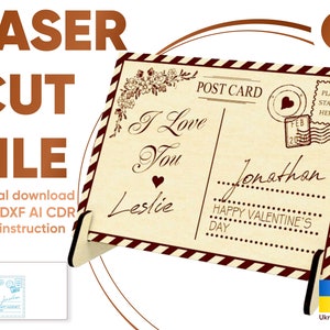 May include: A laser cut file for a Valentine's Day postcard. The postcard features a vintage design with a heart, flowers, and the text "I Love You". The postcard is personalised with the names "Jonathan" and "Leslie".