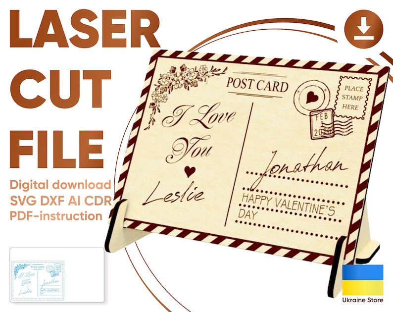 May include: A laser cut file for a Valentine's Day postcard. The postcard features a vintage design with a heart, flowers, and the text "I Love You". The postcard is personalised with the names "Jonathan" and "Leslie".