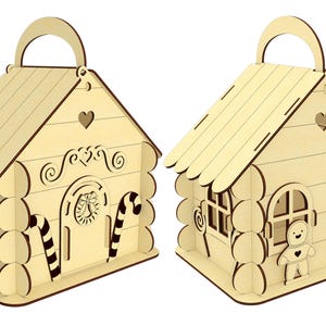 two wooden houses, each with a unique design and decorations, including a clock and candy canes.